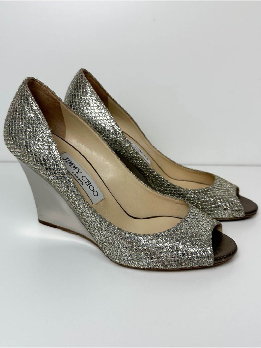 Jimmy Choo Metallic Silver Peep Toe Wedges - Picture 3 of 12